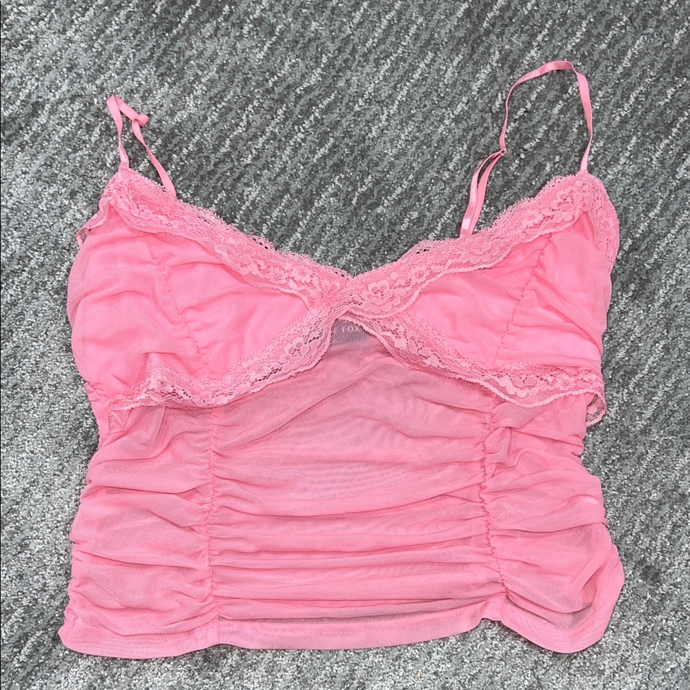 Pink Lace Trim Ruched Camisole